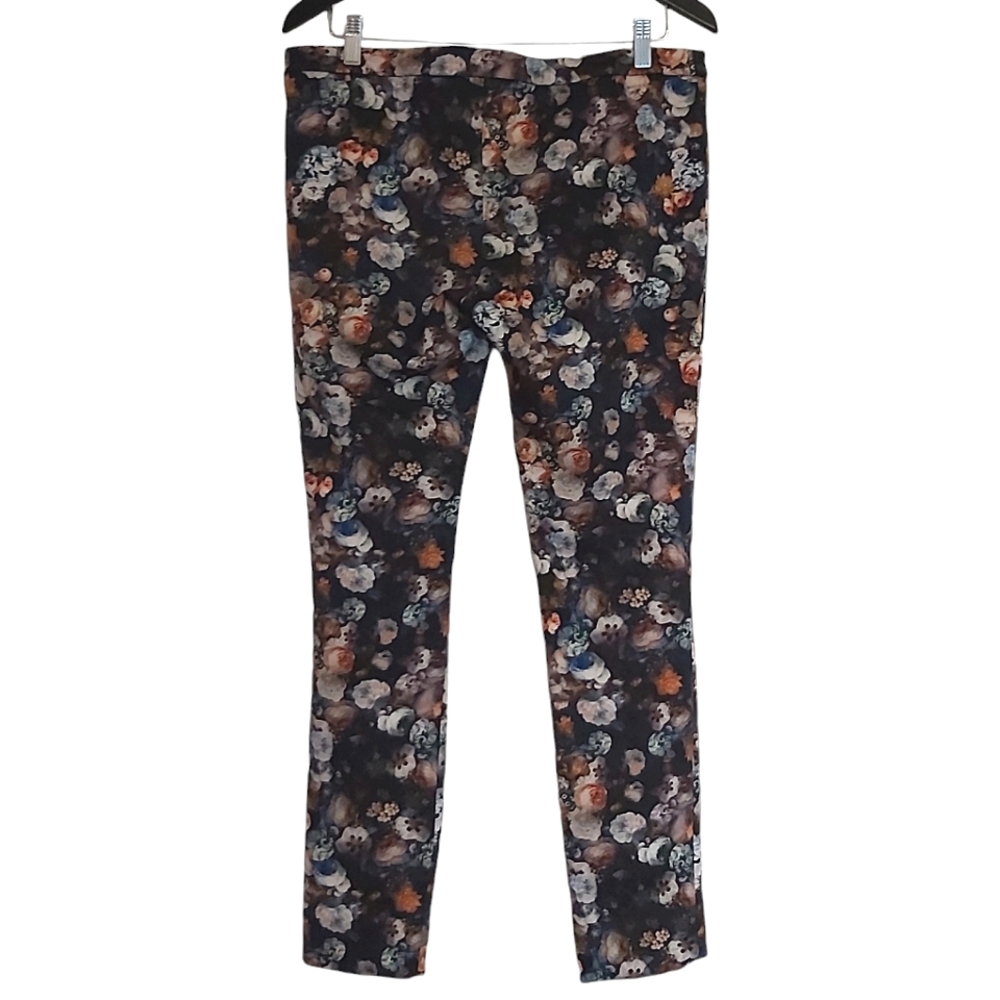 Zara pants womens L blue brown floral on black skinny trousers dark flower print - Picture 3 of 6